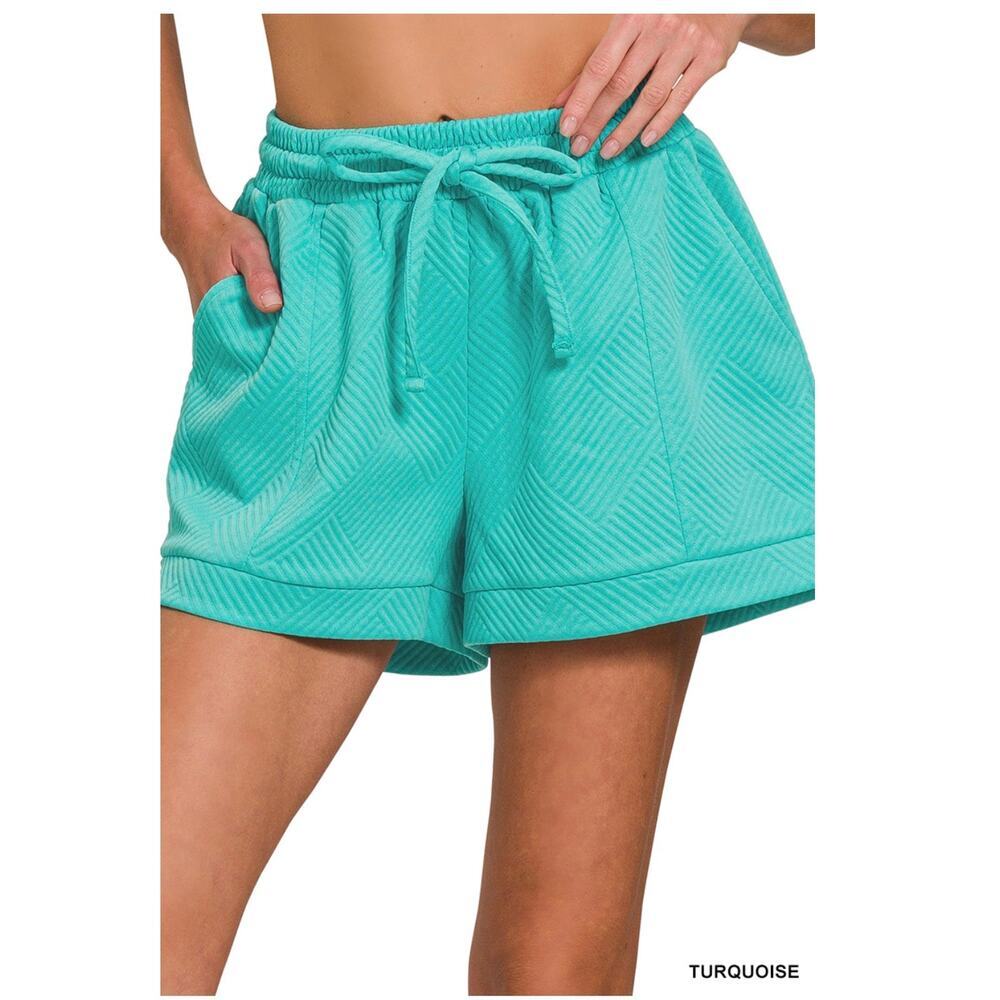 Zenana - Textured Knit Jacquard Drawstring Shorts (Turquoise) - Medium